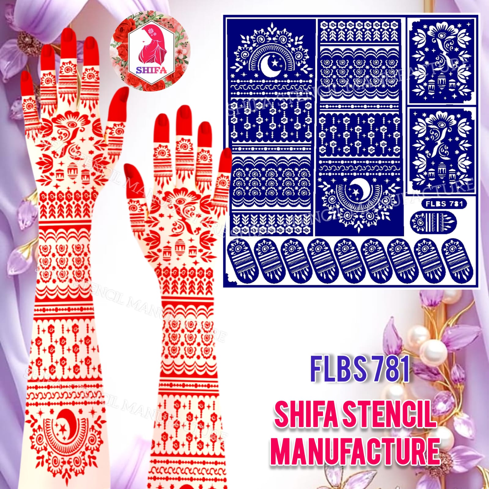 FLBS 781 Zarqeen Crescent Charm Double Hand Henna Stencil - Shifa Stencil